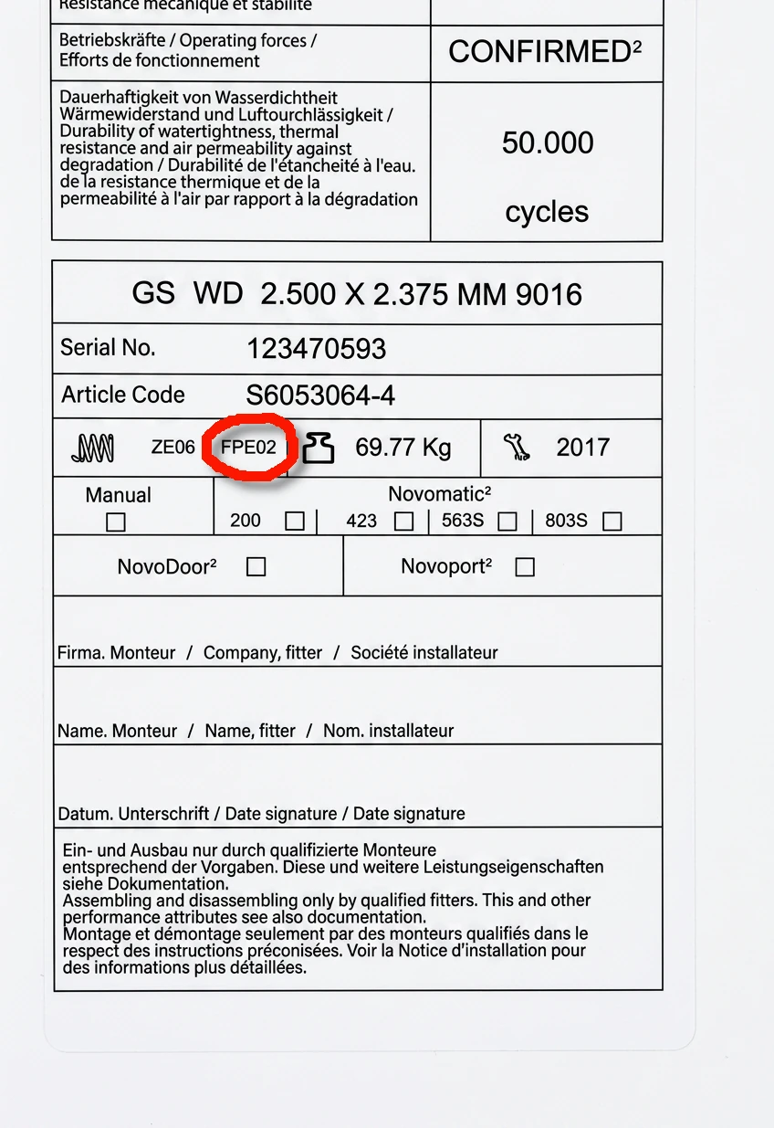 Novoferm vertikaalse tõmbevedru andmesilt
