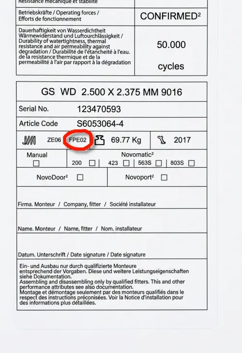 Novoferm vertikaalse tõmbevedru andmesilt